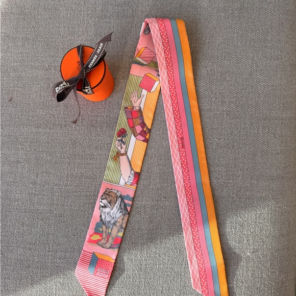 Hermes Jungle Print Silk Twilly Scarf - Pink, Orange, Yellow - Picture 2 of 5